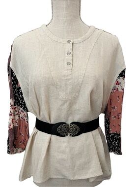 Umgee Cream Button Henley Top with Pink & Black Floral Sleeves